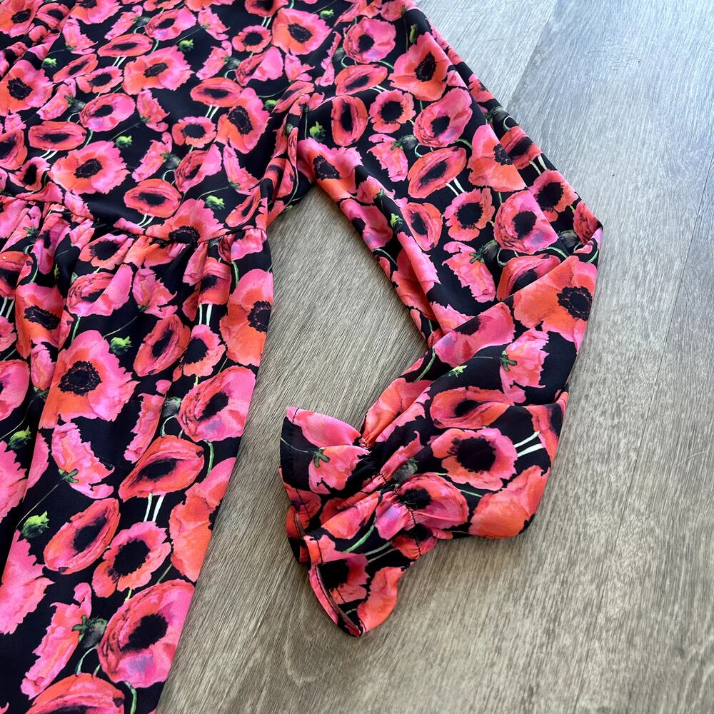EUC Boohoo Hot Pink and Red Poppy Floral Long Sleeve Ruffle Cuff Dress Mini US 6 - Picture 3 of 16
